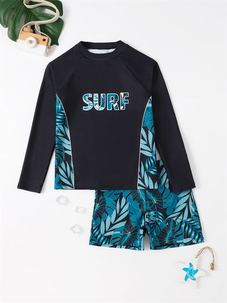 Boy Swimsuit 2026 New Geometry Print Long Sleeve Children Swimwear Summer Two Piece Kids Beach Wear Swimming Bathing Suit Men's