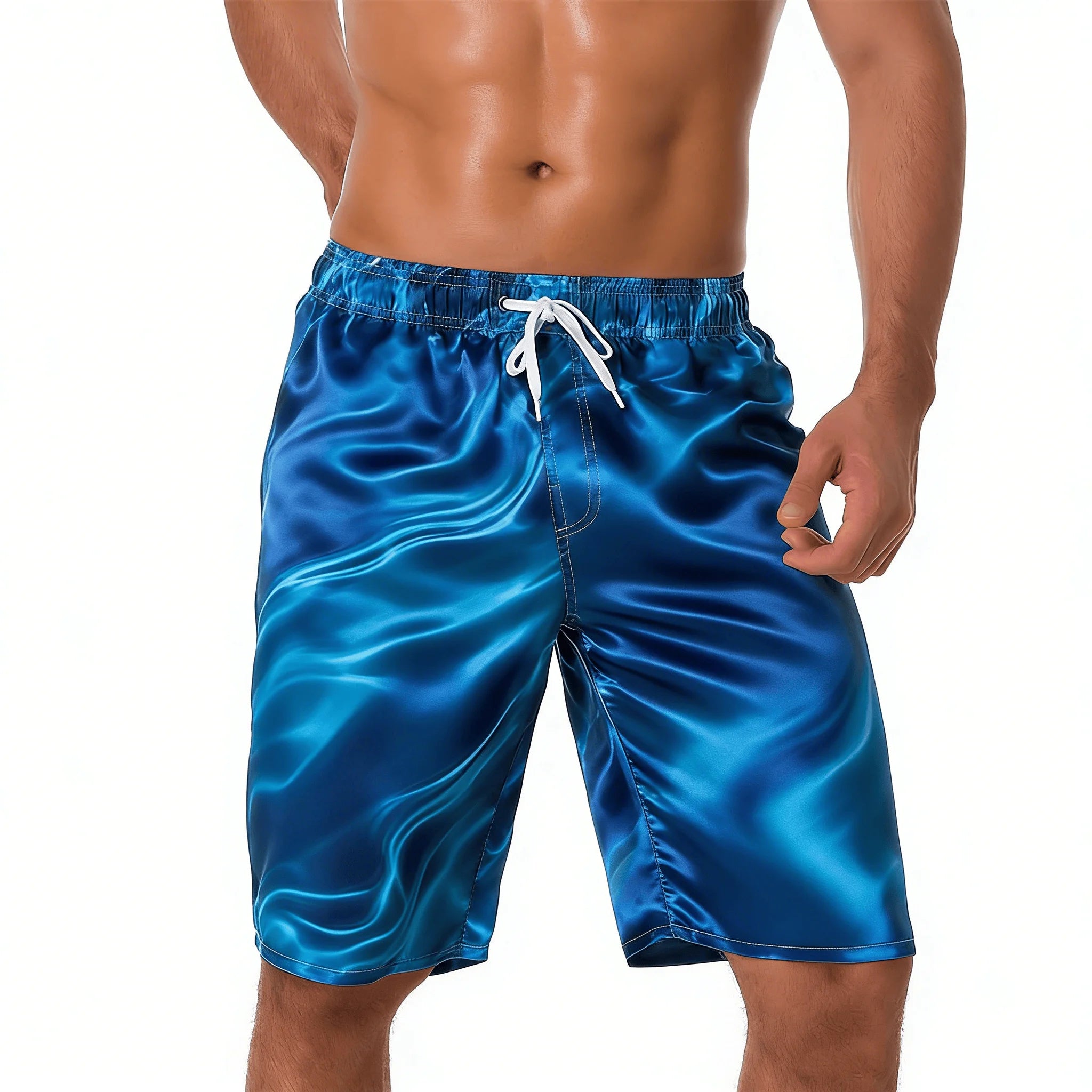 Men's Cyan Gradient Water Ripple Print Drawstring Shorts, Spring Summer Fresh Beach Casual Shorts, Pocket Beach Shorts
