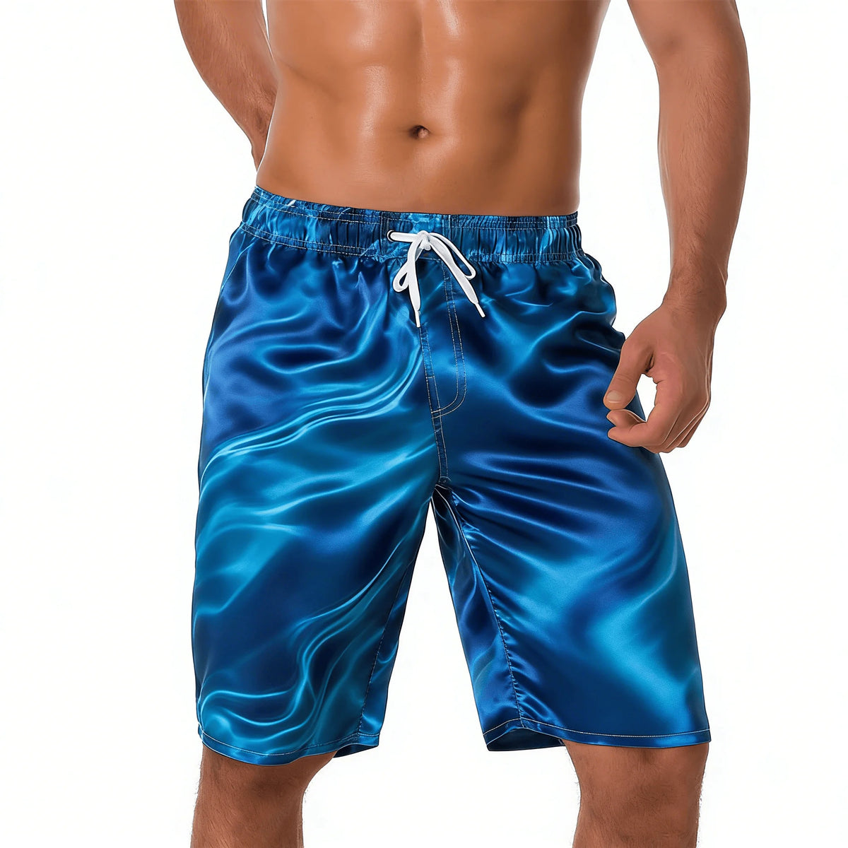 Men's Cyan Gradient Water Ripple Print Drawstring Shorts, Spring Summer Fresh Beach Casual Shorts, Pocket Beach Shorts