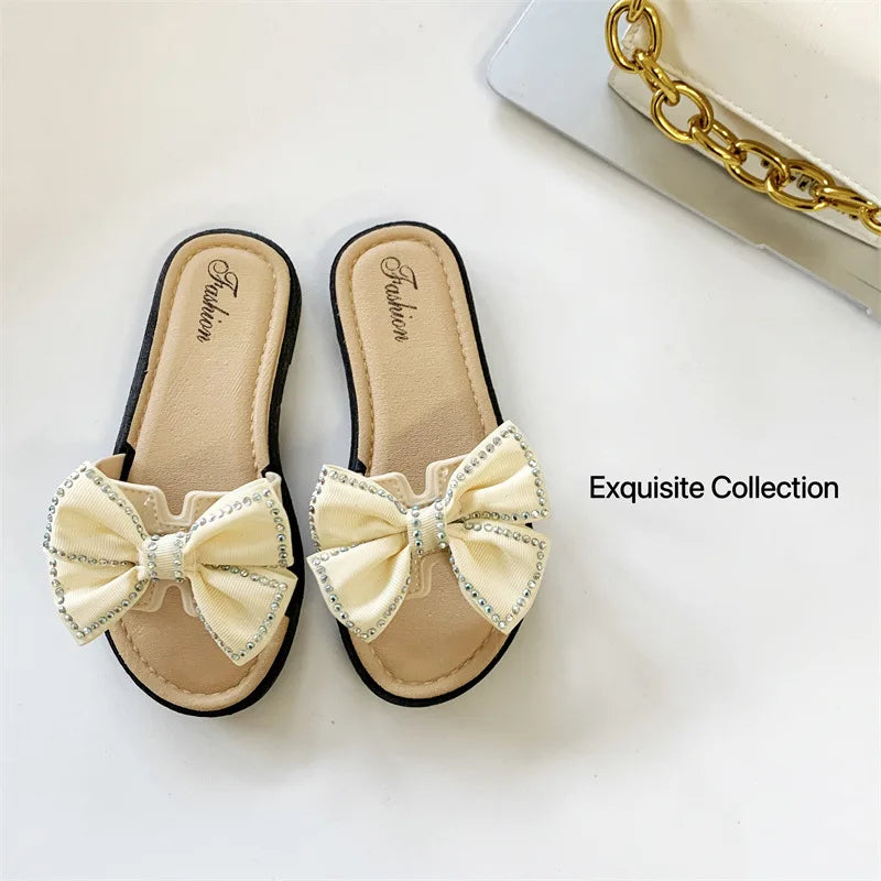 2026 New Bow Flats Open Toe Slide Sandals Non-slip Flip Flops Children Home Slippers Kids Girls Summer Cute Beach Slippers Shoe