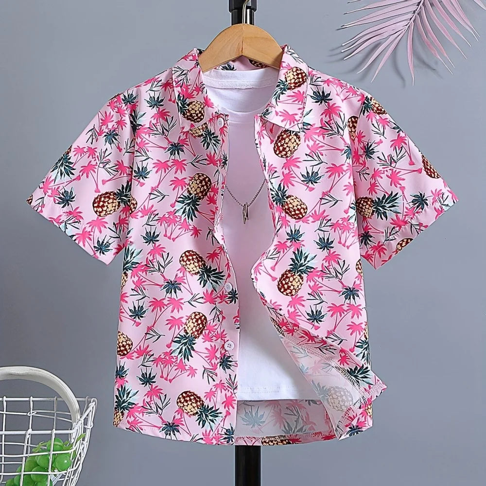 Hawaiian Children's Shirt Coconut Tree Pattern Print Kids's Short Sleeves Shirt Holiday Seaside Tops Outdoor Children's Clothing