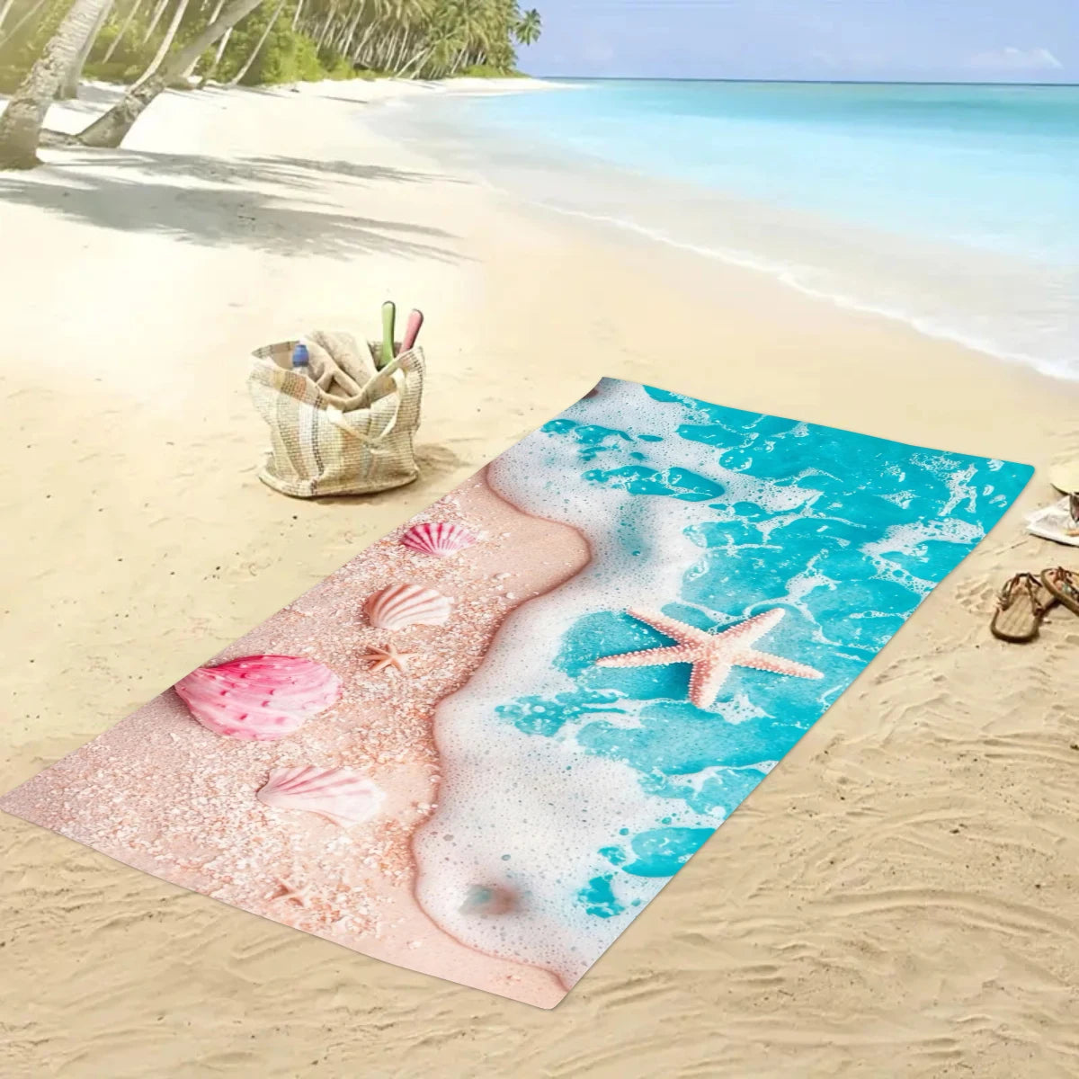 1pc Ocean element beach towel, suitable for outdoor sports, swimming, and fitness center multifunctional beach towel