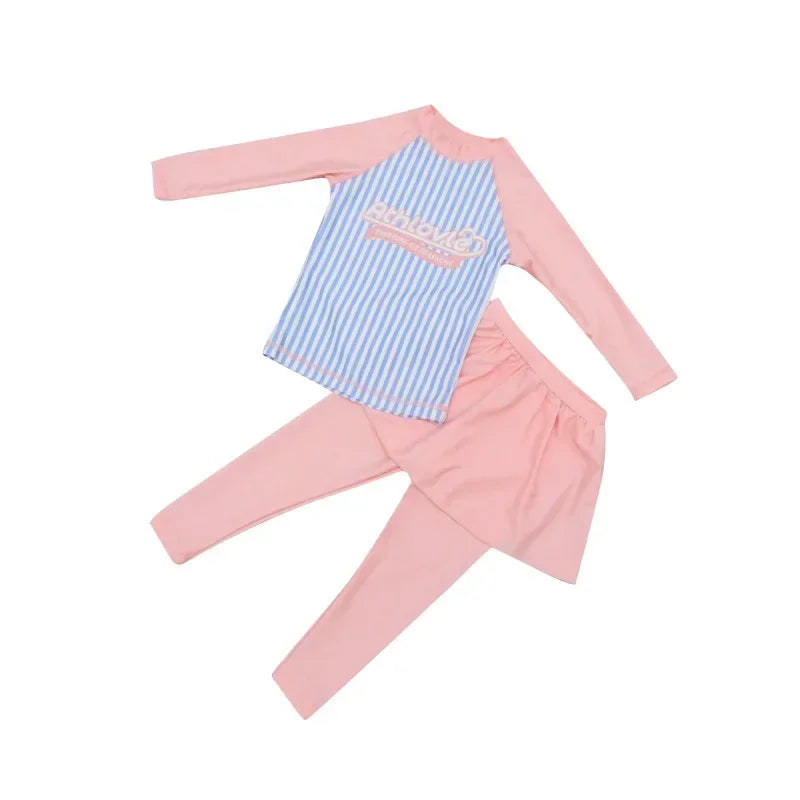 Printing Long Sleeved Girls Swimwear Sun Protection Swimming Suit  Long Pants Skirt Style Quick Drying Bathing Suit 3-11Y