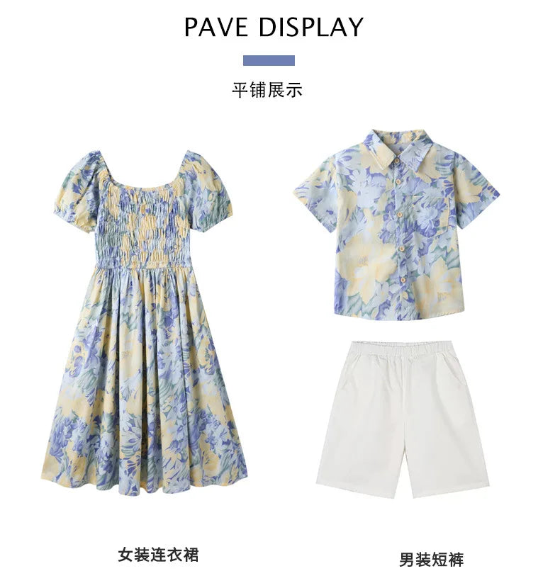 Vacation Couple Family Matching Outfit Dad Son Beach Shirts Mom Daughter Smock Dress Korean Parent-child Sister Brother Clothes