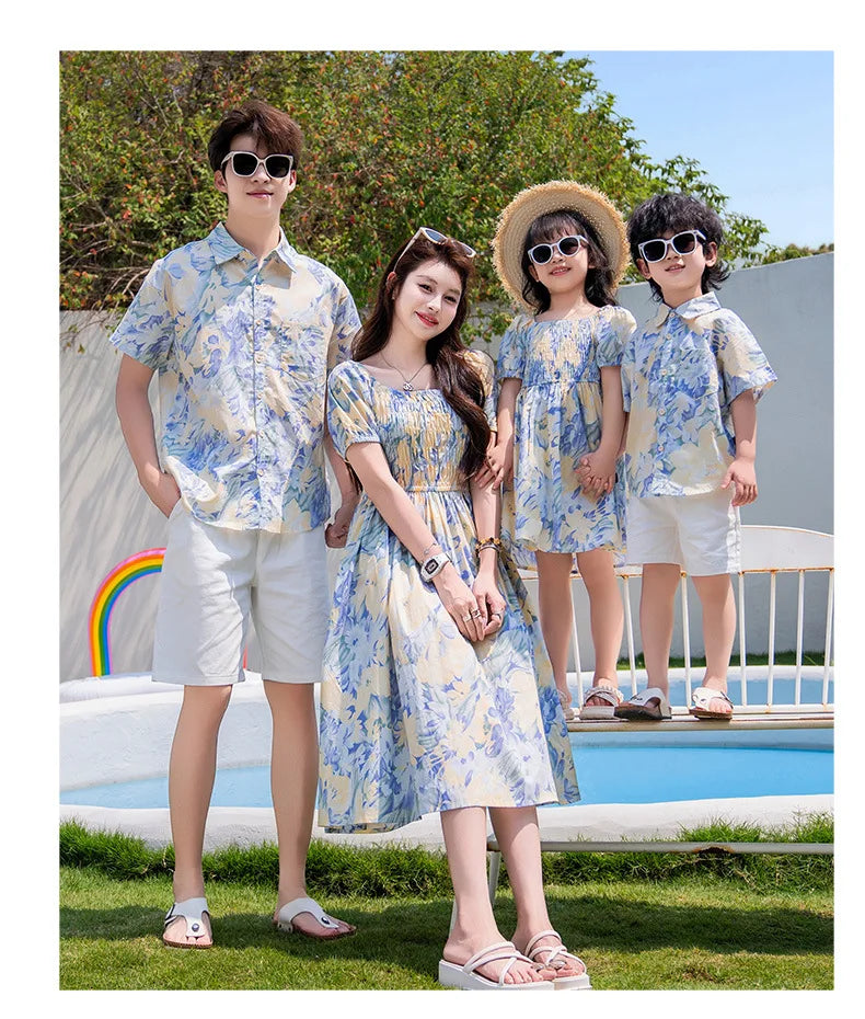 Vacation Couple Family Matching Outfit Dad Son Beach Shirts Mom Daughter Smock Dress Korean Parent-child Sister Brother Clothes