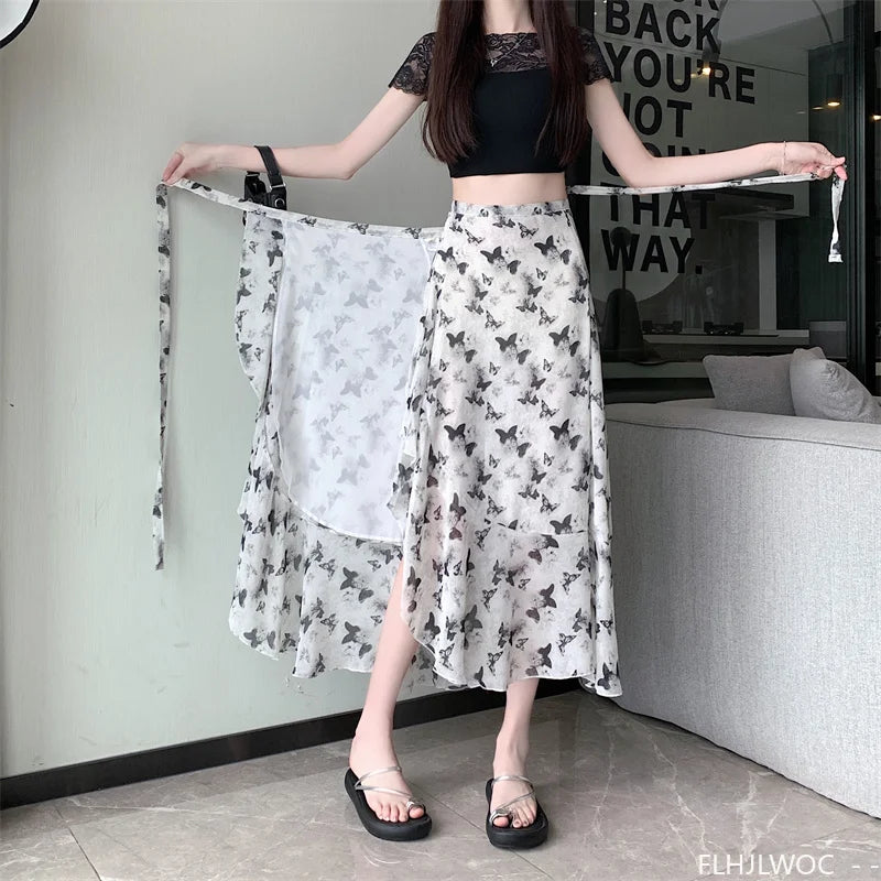 Wrap Up Chic Korea Clothes Women Cute Girls Floral Robe Holiday Beach Date High Waist Retro Vintage One-Piece Lace-Up Skirts