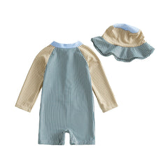 0-24M Newborn Baby Boy Rash Guard Swimsuits Contrast Color Stripes Print Long Sleeve Zip Up Bathing Suit with Sun Cap