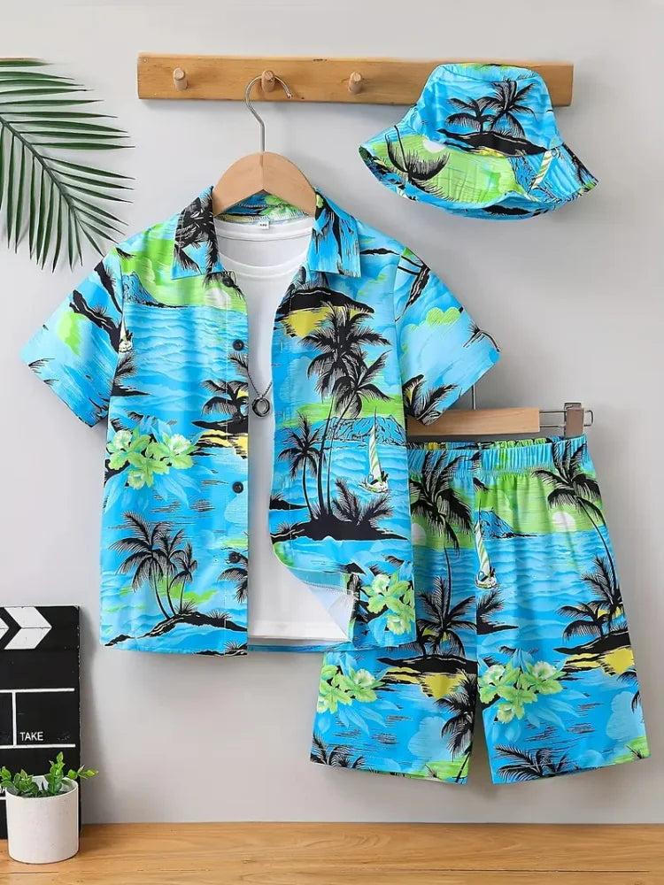 Men's Short-sleeved Shirt Set Blue Ocean Palm Tree Print Hawaiian Seaside Vacation Style Shirt Set