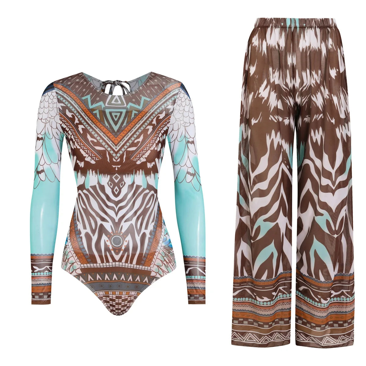 Women's Long Sleeve Swimwear Sunscreen One Piece Swimsuit High Elastic Thickened Mesh Loose Pants SPF35+ New Fitness Beachwear