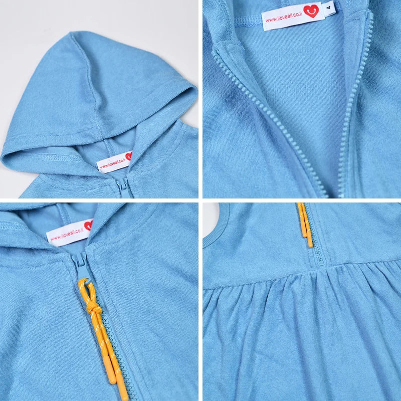 Summer Terry Sibling Clothing Set for Boys And Girls Blue Shirt for Boy Girl Dress Zipper With Colorful Drawstring Teens Outfit