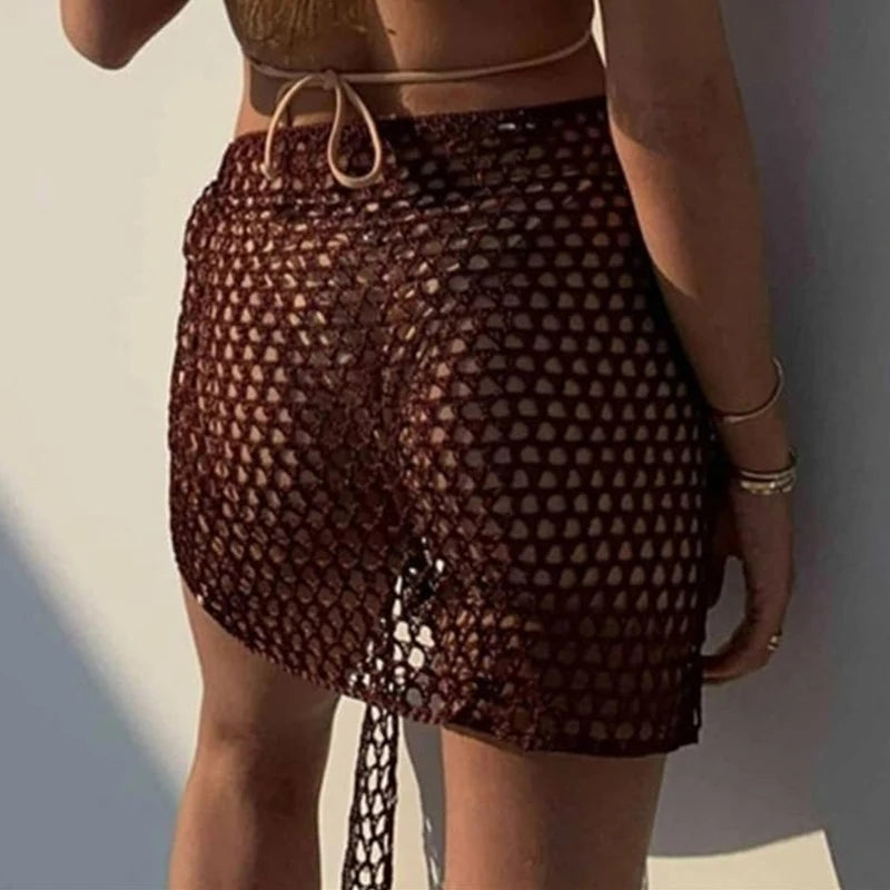 2024 Trend Women Knitted Hollow Out Solid Color Skirt Sexy Beach Sunscreen Short Dress Swimsuit Cover-Ups Bonds Sarong Skirt