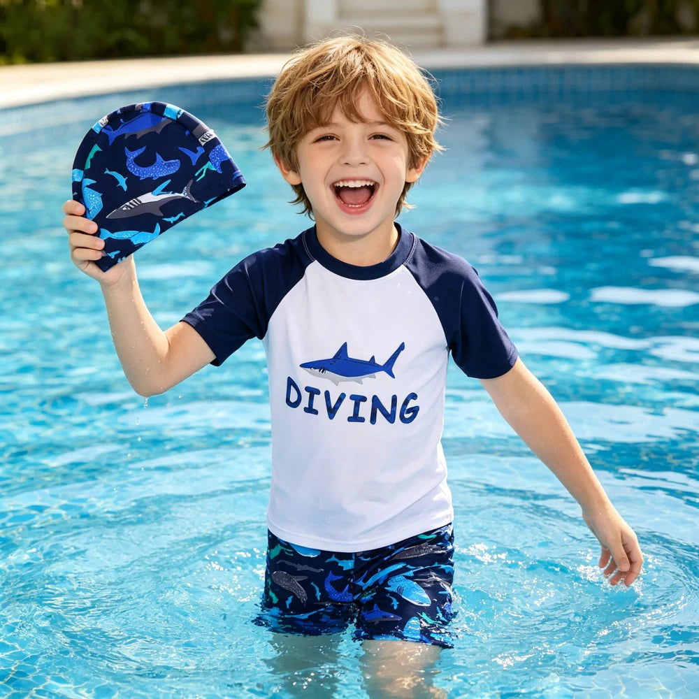 Kids Shark Print Swimwear Set 3Pcs Boys Short Sleeve Rash Guard Swimsuit + Trunks + Hat Children Beachwear Boys Bathing Suit
