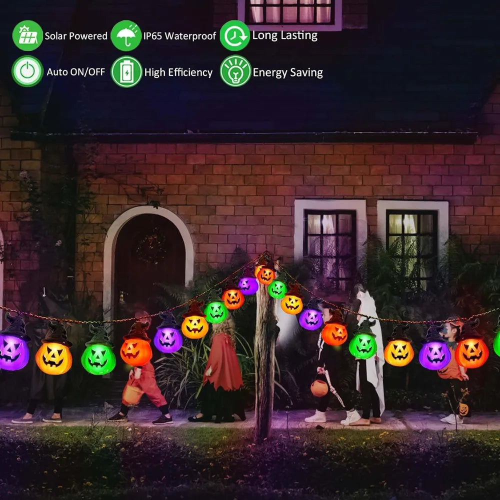 Upgraded Solar Halloween Lights Outdoor Pumpkin String Lights Waterproof Halloween Lights for Garden Patio Landscape Multicolor