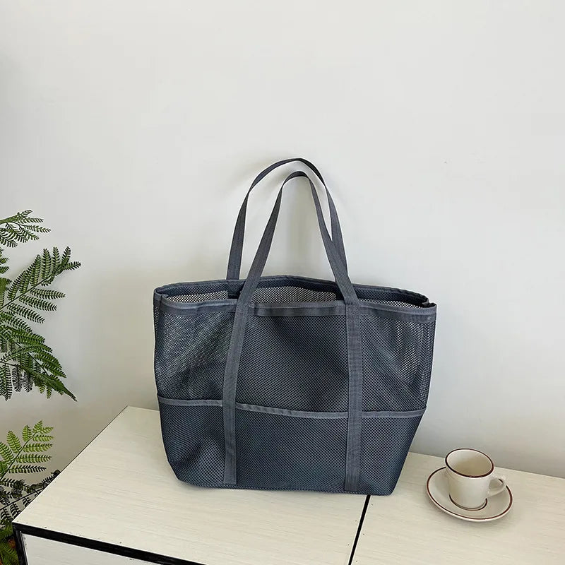 Large Capacity Canvas Beach bag Versatile Commuting Shopping Shoulder bag Lightweight Semi Transparent Mesh Hollow bag