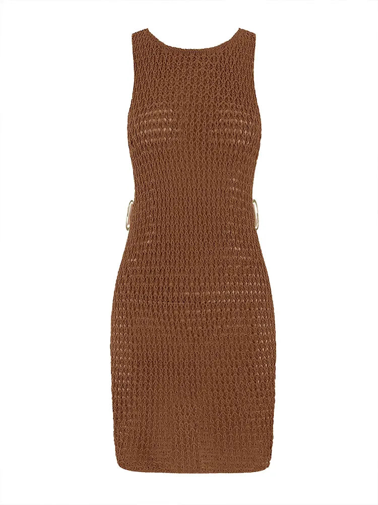 2024 Summer Sexy One Neck Cut Out Circle Decoration Corset Slim Beach Mini Dress Women Seaside Beachwear Swimwear Cover Up A2796
