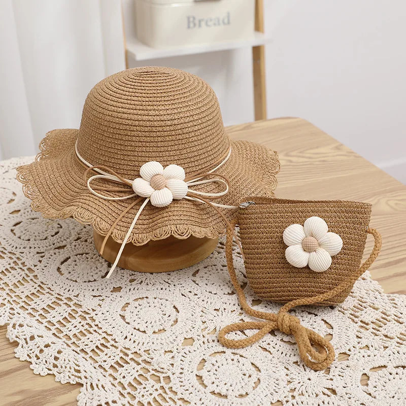 Kids Hat For Girls 2-7Y Straw Children's Sunshade Cap Bag Summer Baby Travel Sunscreen Beach Hat Sun Fisherman Cap Fashion Style