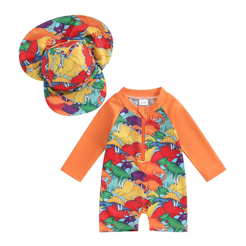 Tregren 0-3Y Toddler Girls Rash Guard Swimsuit with Swim Cap Long Sleeve Floral/Tropical Tree Print Zip Up Swimwear Bathing Suit