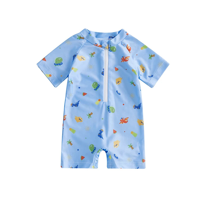 Toddler Boy Girl Rash Guard Swimsuit Coconut Tree Print Short Sleeve Mock Neck Zip Bathing Suit