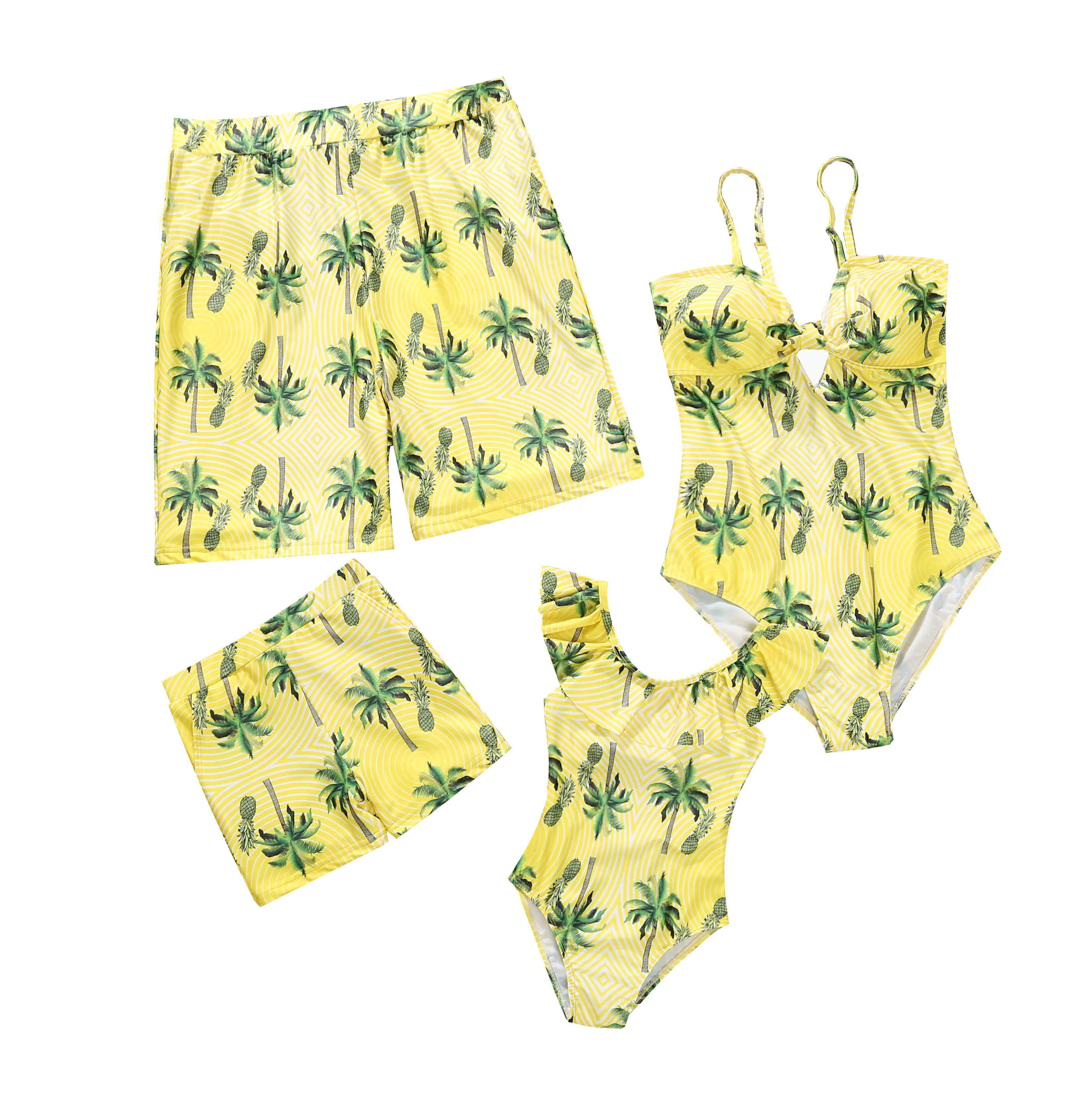 Family Matching Outfits Coconut Tree Print Holiday Look Beachwear Adult Kids Swimsuit Women Girls One-piece Suit Men Boys Shorts