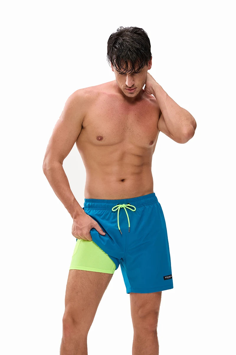 ESCATCH 2026 Latest Mens Shorts Breathable Long Lining Quick-Dry Sports Swim Traje De Baño Hombre Zipper Pockets Beach Shorts