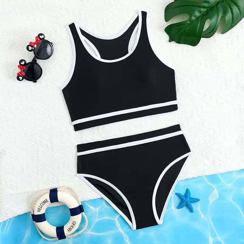 2026 Black Girls Swimsuit High Waist Bikini Kids Swimwear Female Children's Bathers Bathing Swimming Swim Suit Summer Beachwear