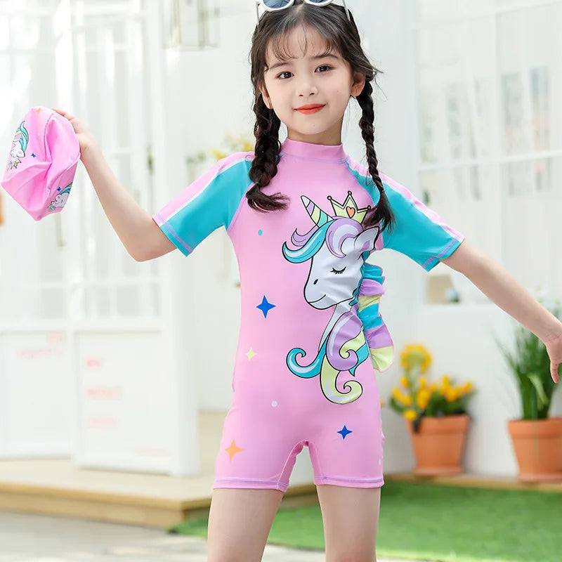 Girls Swimsuits One-Piece Bathing Suits with Hat Summer Beach Water Sport Short Swimsuit with Cartoon Pattern for 2-13 Years Old