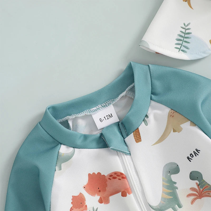 1-4T Toddler Boys Rash Guard Swimsuit Dinosaur/Shark Print Long Sleeve Zip Bathing Suit with Swim Cap