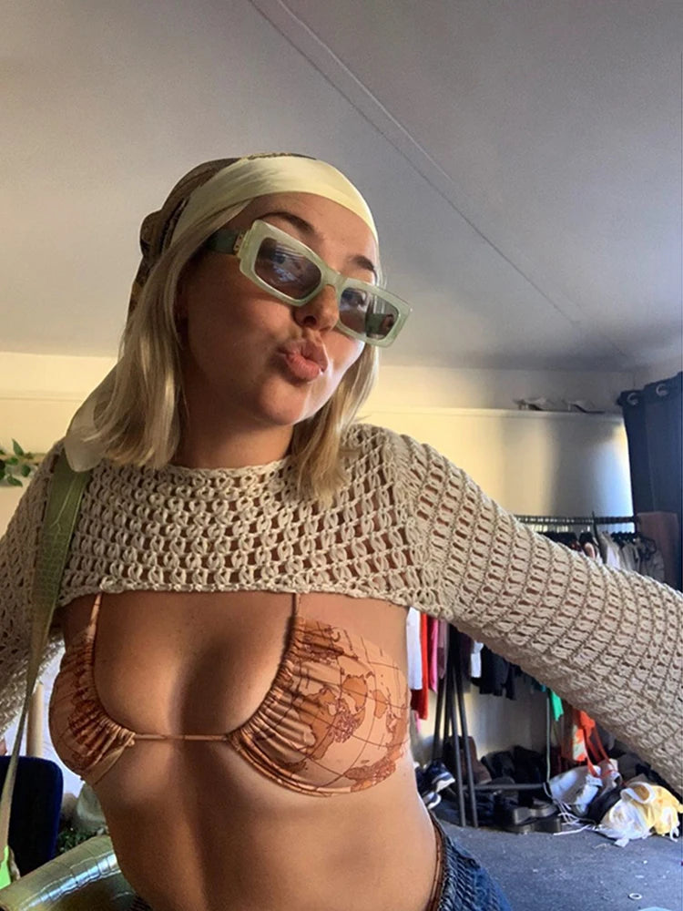 Long Sleeve Crochet Crop Top Summer Knit Hollow Out Mesh Cover Ups 2024 Women‘s Y2k Crochet Tops Pullover Streetwear