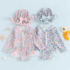 MISOWMNJOY Ruffle Floral Print Baby Girls Beachwear Summer Rash Guard Swimsuit Long Sleeve Bathing Suit Infant Swimwear with Hat