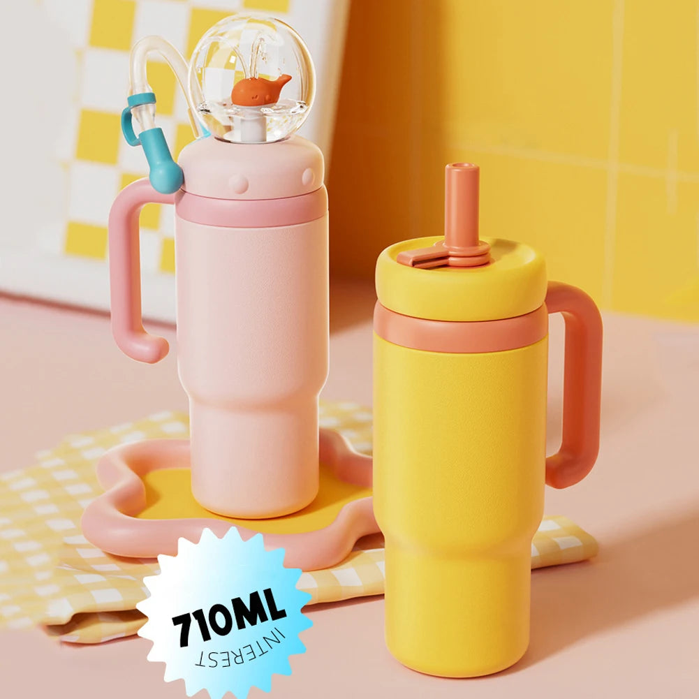 710ML Stainless Steel Whale Fountain Tumbler with Handle Leak Proof Whale Squirt Drinking Cup Water Bottle with Straw Creative G