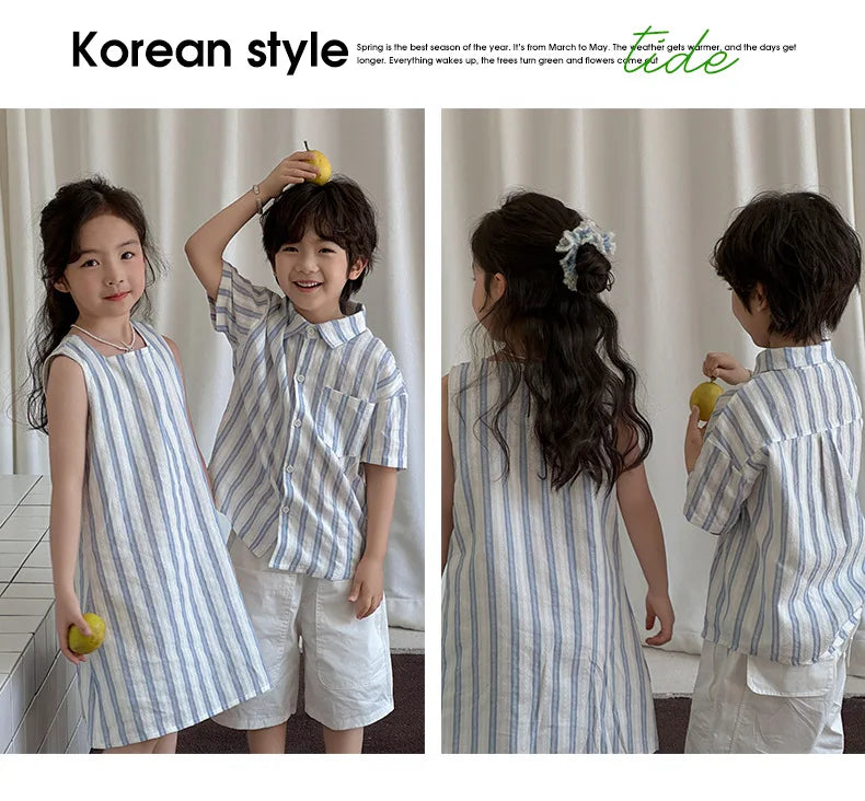 Korea Style Family Matching Outfit Striped Print Short Sleeve T-shirt+Shorts Tank Dress Parent-child Clothing Beach Holiday Look