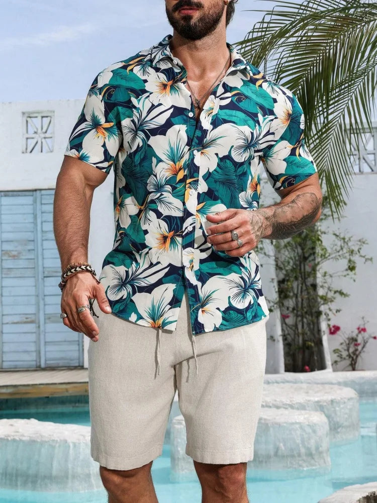 Summer Men's Lapel Shirt Tropical Simple Floral Print Hawaiian Style Street Trend Casual Single-breasted Short-sleeved Shirt