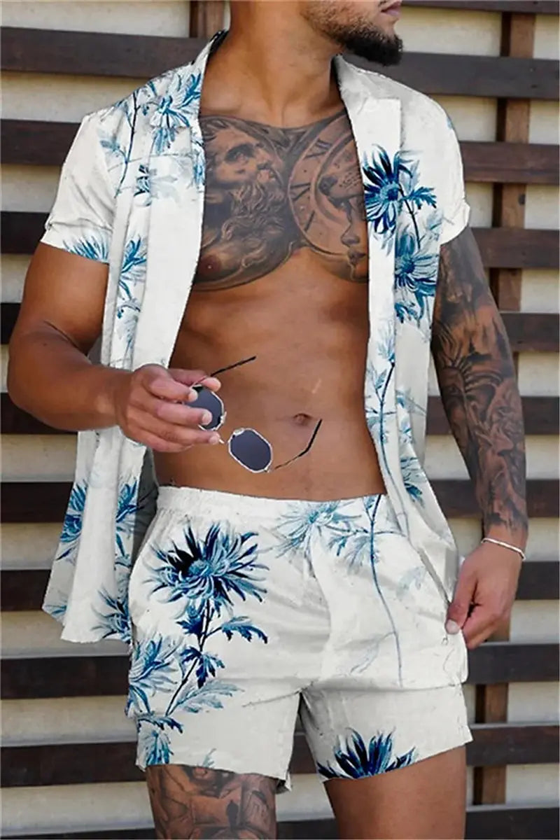 Hawaiian Plants Multicolor Print Men's Shirt and Shorts Two Piece Set Casual Vacation Men's Shirt Set Short Sleeve Button Shirt