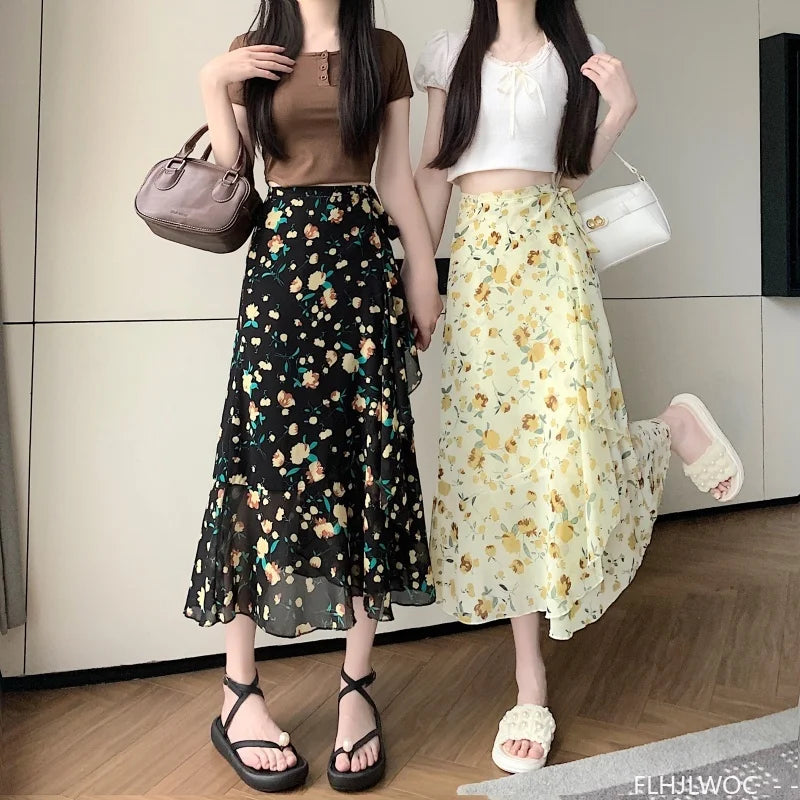 Wrap Up Chic Korea Clothes Women Cute Girls Floral Robe Holiday Beach Date High Waist Retro Vintage One-Piece Lace-Up Skirts