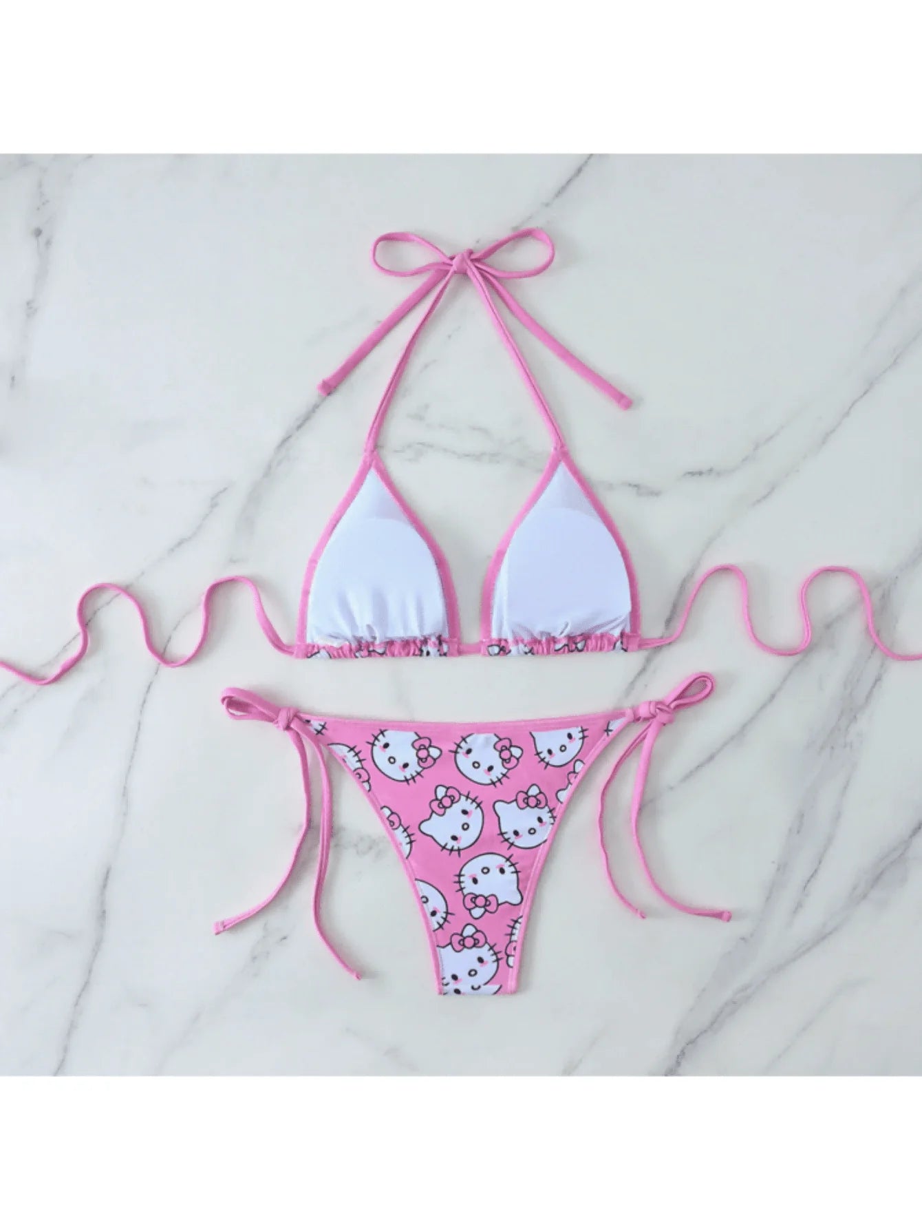 2pcs/A Set Kawaii Hello Kitty Print Triangle Bikini Set Halter Tie Side Swimwear 2-Piece Bathing Suit for Summer Beach Vacation