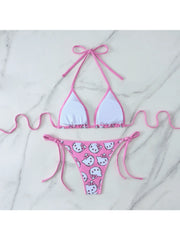 2pcs/A Set Kawaii Hello Kitty Print Triangle Bikini Set Halter Tie Side Swimwear 2-Piece Bathing Suit for Summer Beach Vacation
