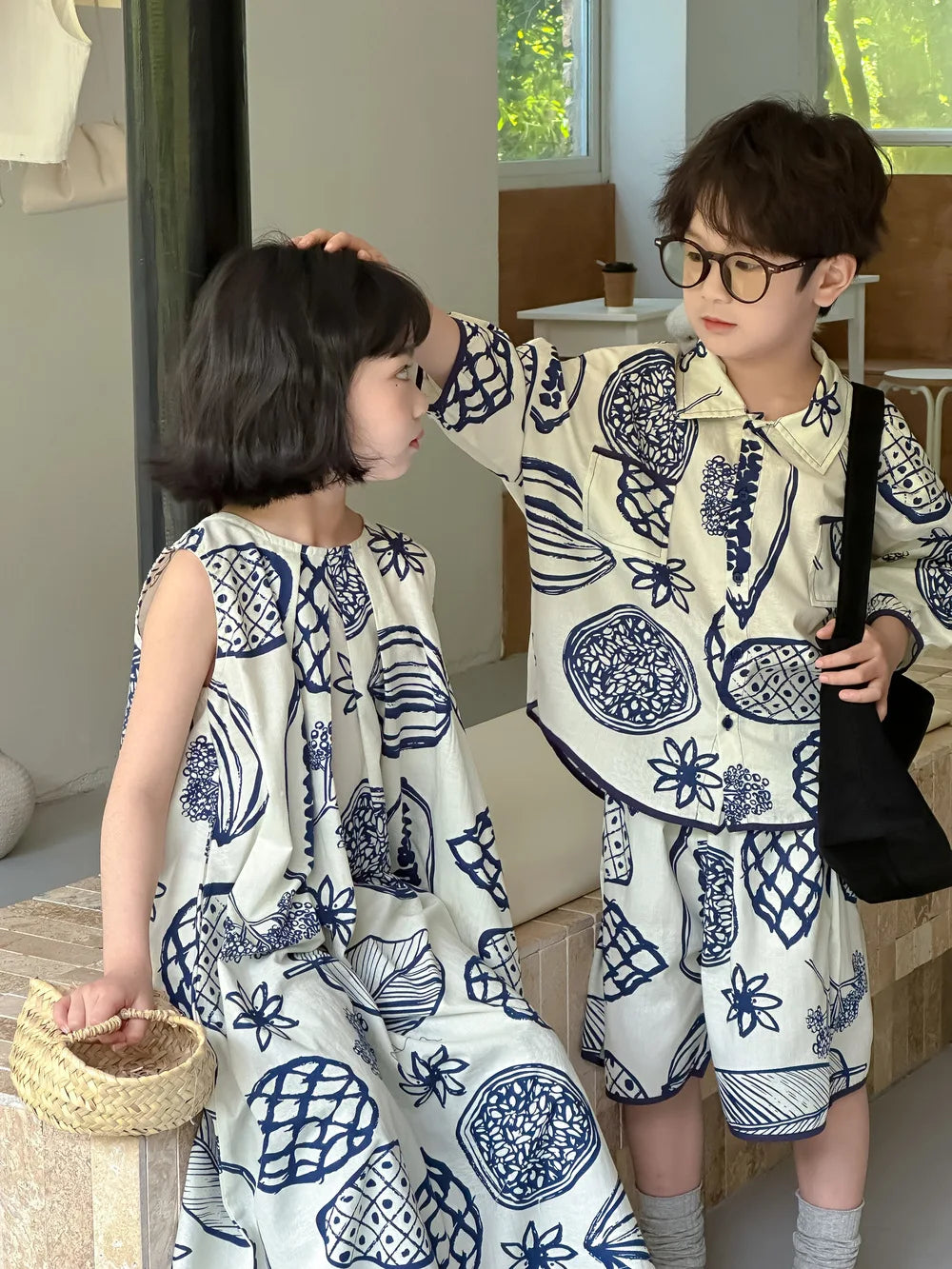 22386-1 Brother Sister Clothes  Boy's Summer Suit Girl's Dress Or Casual Short-sleeved Shirt+Shorts Two-piece Suit