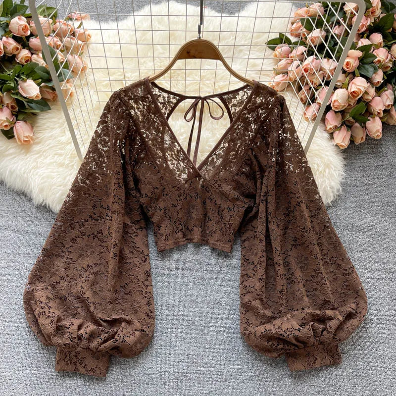 Frenchic Sexy Blusas Mujer Crochet Lace Sheer Women Tops V-neck Lantern Sleeve Backless Lace-up Ladies Elegant Blouse