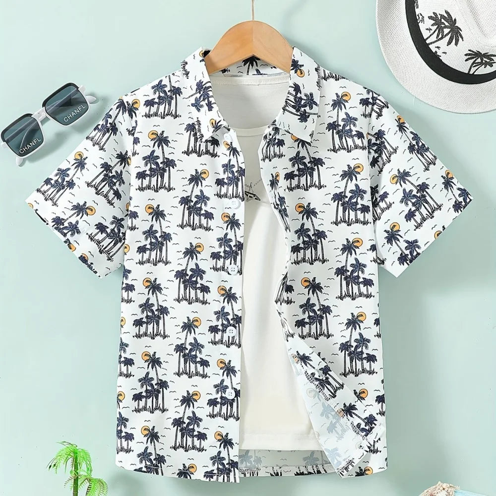 Hawaiian Children's Shirt Coconut Tree Pattern Print Kids's Short Sleeves Shirt Holiday Seaside Tops Outdoor Children's Clothing