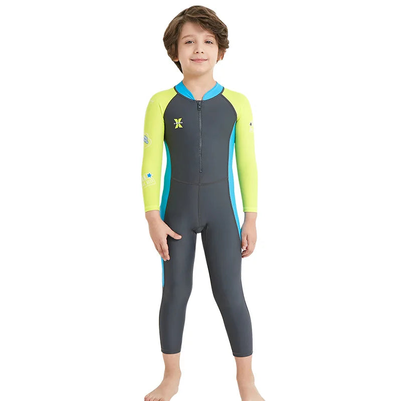 Girl Boy Swimwear Zipper One Piece Suit Kids Sunscreen Quick Drying Long Swimsuit Beachwear Bathing Suit(Including Swimming Cap)