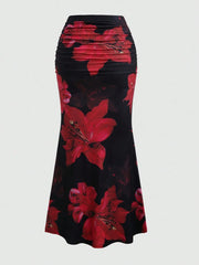 Women's Pleated A-Line Skirt Vintage Flower Printed Ruched Bodycon Skirts Summer Leisure Vacation Long Skirt
