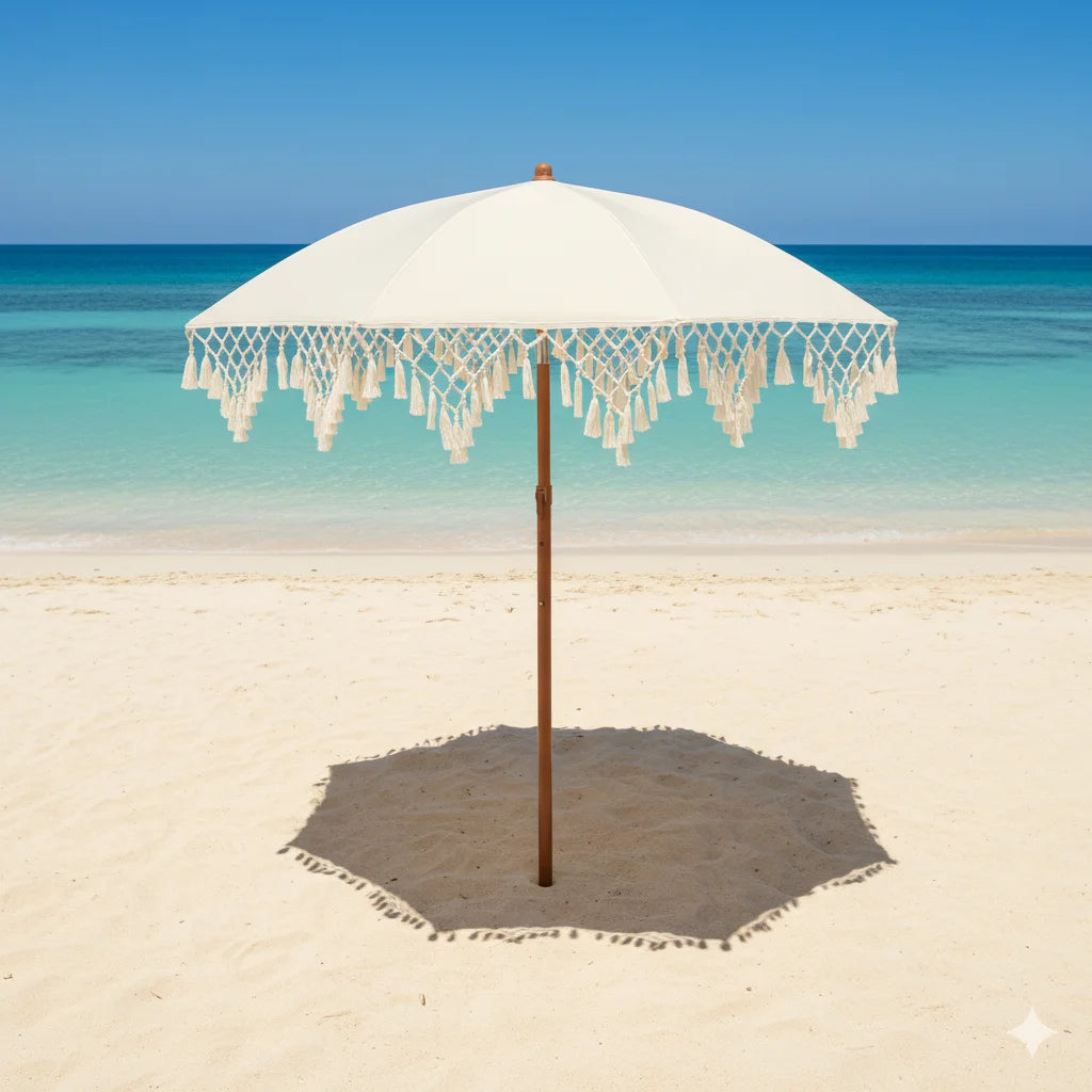 Triangle Fringe Decorated UPF50+ Outdoor Sunshade Umbrella Rotatable for Courtyard Beach Sun Protection No Base Included