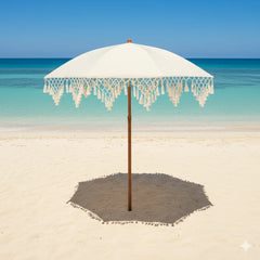 Triangle Fringe Decorated UPF50+ Outdoor Sunshade Umbrella Rotatable for Courtyard Beach Sun Protection No Base Included