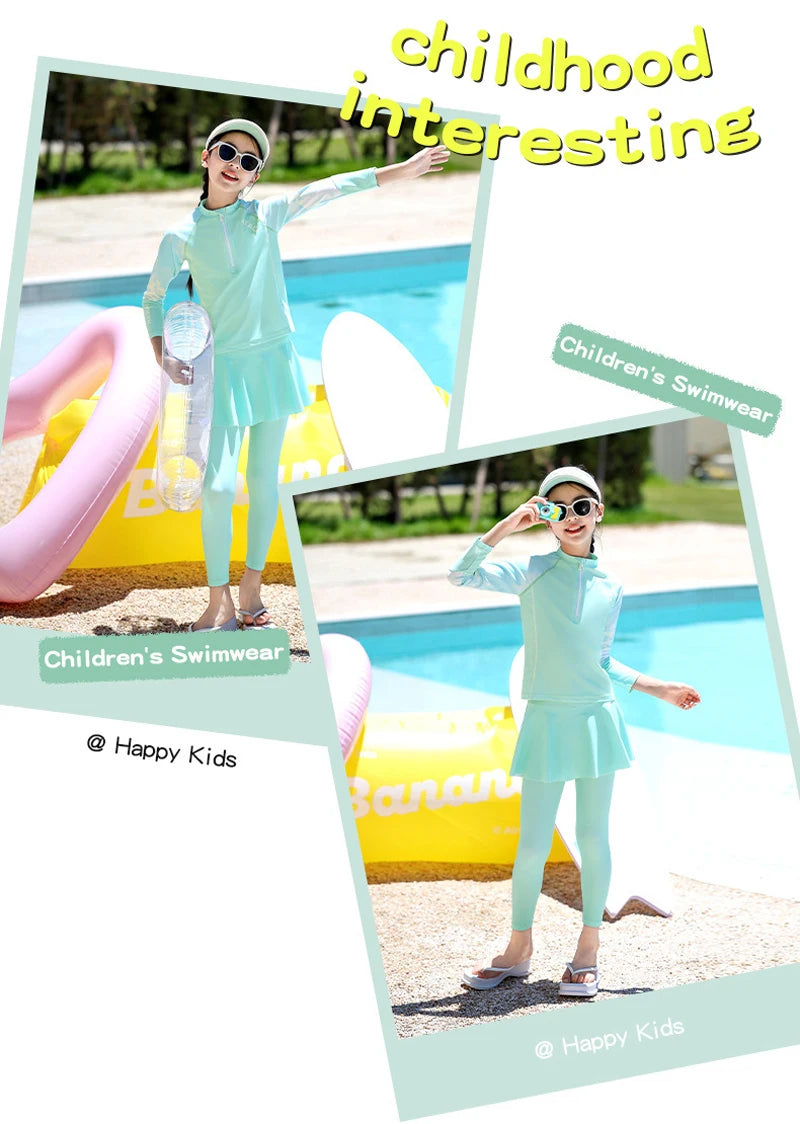 Two Piece Long Sleeve Girls Swimwear With Skirt Burkini Swimsuit Kids Children Modest Swimming Suit Sun Protection Beachwear