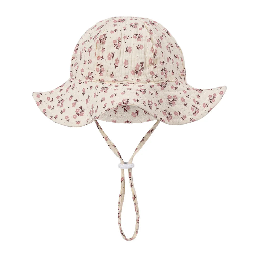 Floral Print Baby Bucket Hats Adjustable Solid Caps for Infant Boys Girls Sunscreen Outdoor Beanies Beach Fishing Headwraps