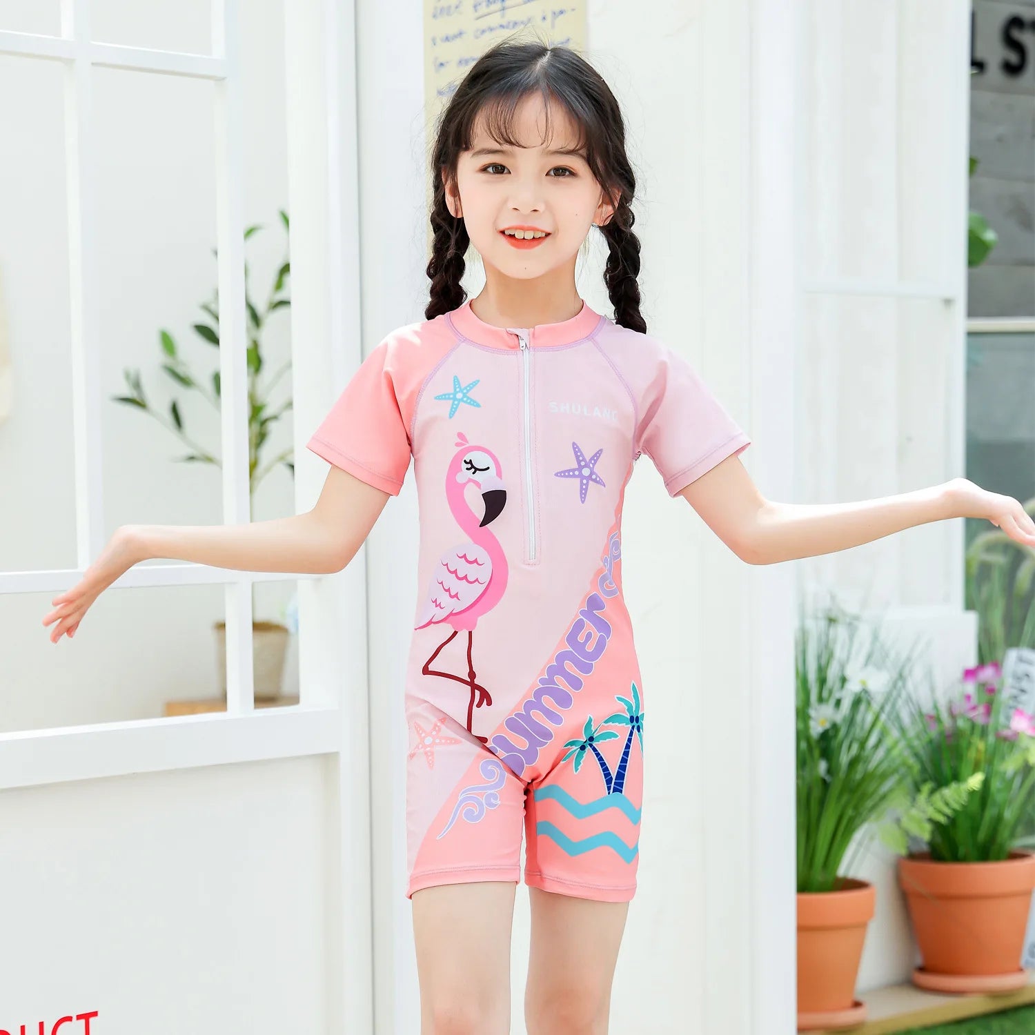 Girls Swimsuits One-Piece Bathing Suits with Hat Summer Beach Water Sport Short Swimsuit with Cartoon Pattern for 2-13 Years Old