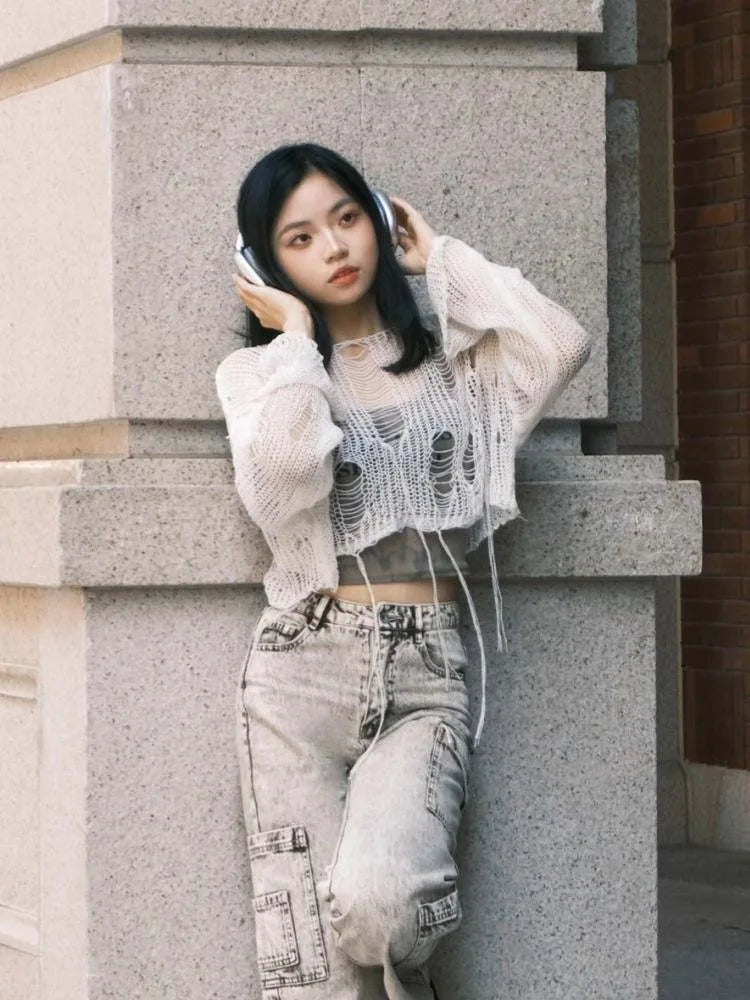 Y2k Cropped Hole Sweater Sexy Gyaru Hollow Out Knit Pullovers Goth Korean Long Sleeve Jumper Summer Fashion Sheer Knitwears Tops