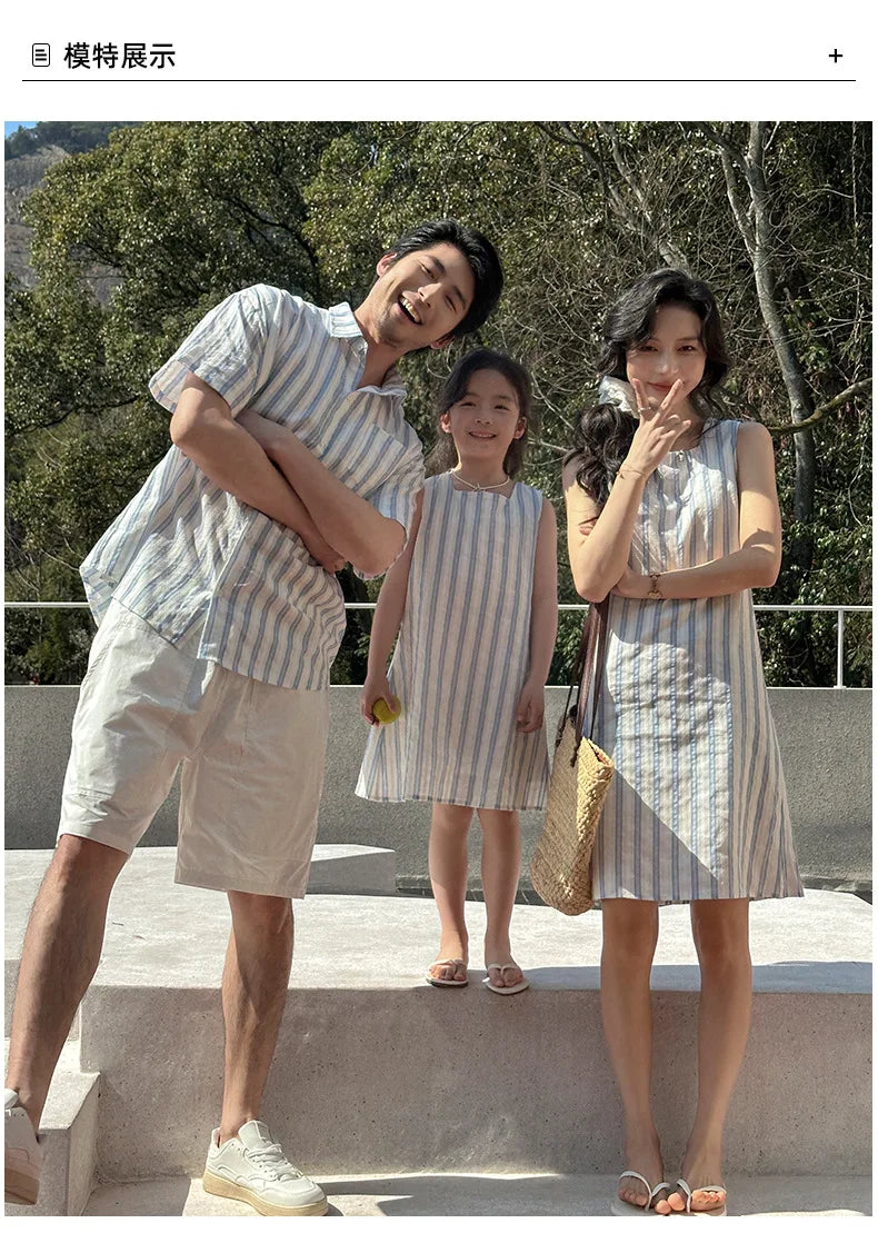Korea Style Family Matching Outfit Striped Print Short Sleeve T-shirt+Shorts Tank Dress Parent-child Clothing Beach Holiday Look