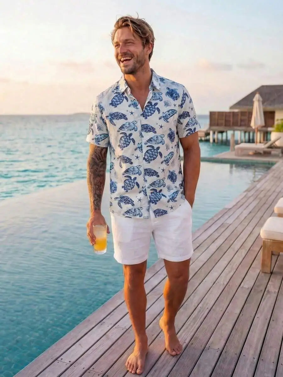 Men Sea Turtle Print Casual Shirt Hawaiian Style Holiday Beach Wear