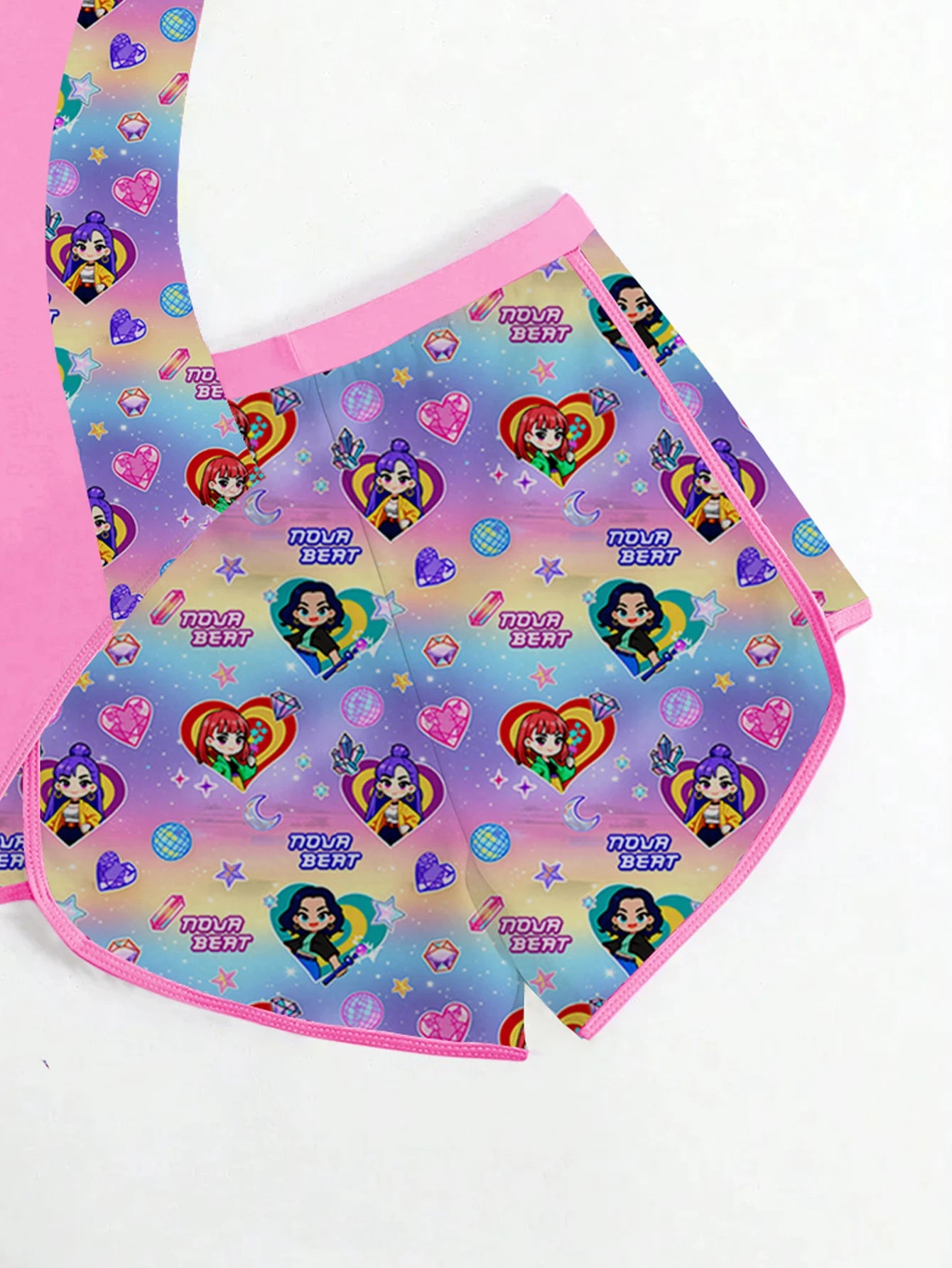 2-Piece K-POP Anime Print Girls Swimsuit & Shorts Set UPF 50+ UV Protection Summer Beach Swimwear